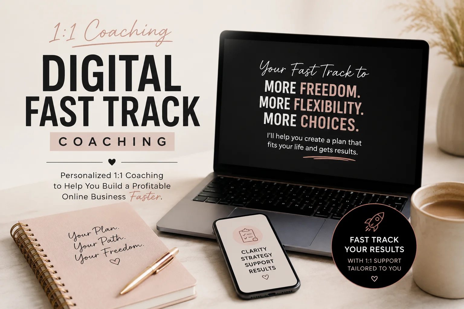 Digital Fast Track program mockup with laptop and notepad